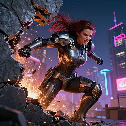 Digital art of a fierce, red-haired woman in shiny, metallic armor bursting through a rock, surrounded by neon city lights.