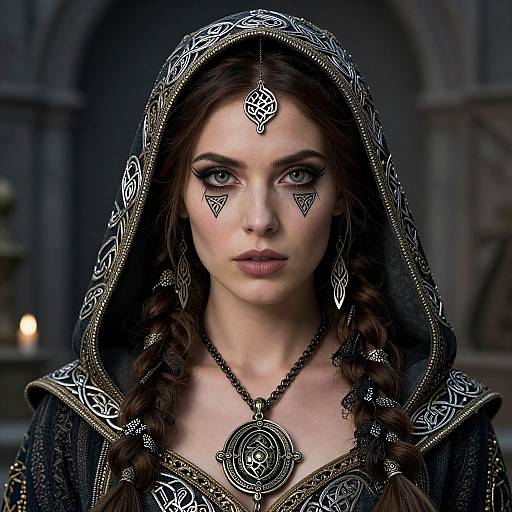 Photograph-style CGI of a serious young woman with intricate silver tribal face paint, braided brown hair, and ornate medieval hooded robe. Dark