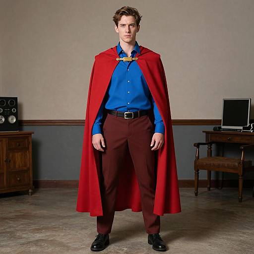 Photograph of a white man with short brown hair, wearing a red cape, blue shirt, brown pants, and black shoes, standing in a gray
