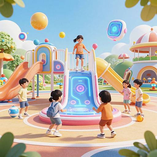 Digital illustration of five Asian children playing on a colorful, futuristic playground with neon lights, slides, and a central glowing slide. Bright, sunny day with
