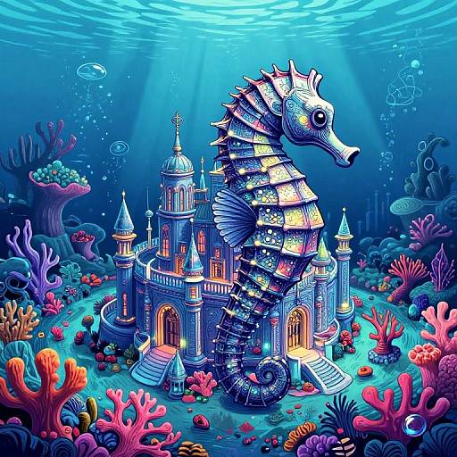 Digital art: Vibrant underwater scene with a detailed, colorful seahorse-adorned castle surrounded by glowing coral reefs and marine life, illuminated by