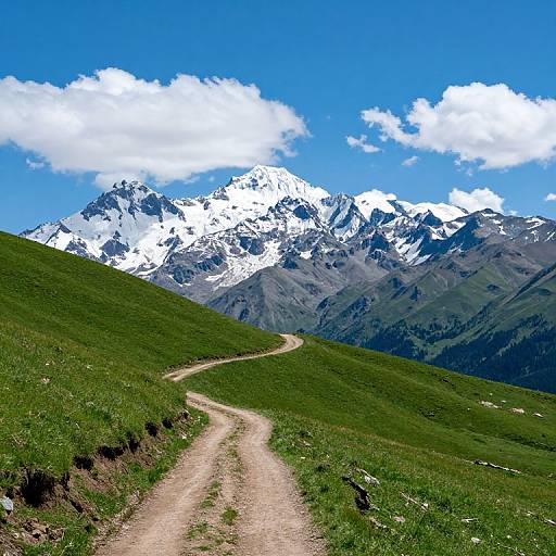 Photograph of a winding dirt path through green grassy hills leading to a snow-capped mountain range under a bright blue sky with scattered white clouds.