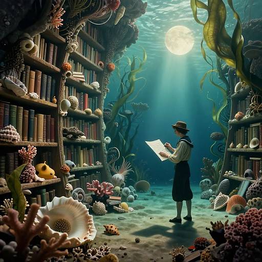 Underwater library scene: a child in sailor attire reads in moonlit, coral-filled room, surrounded by sea anemones and bookshelves.