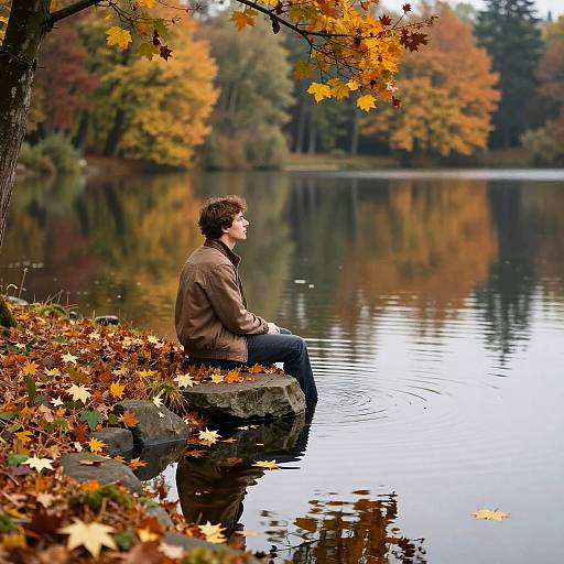 Photograph of a man with curly brown hair, wearing a brown jacket, sitting on a rock by a calm lake, surrounded by autumn leaves and colorful