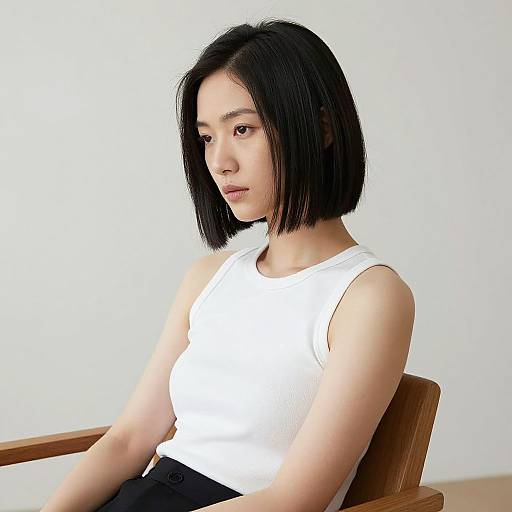 Photograph of an Asian woman with short black hair, wearing a white sleeveless top and black pants, seated in a wooden chair against a plain white
