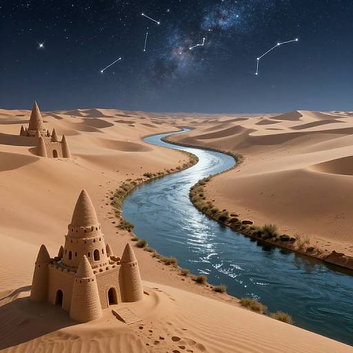 Photograph of a desert night scene with a winding blue river, sandcastles, and a starry sky with constellations over rolling dunes