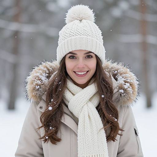 Photograph of a smiling woman with long brown hair, wearing a white knit hat, cream coat with fur hood, and white scarf, standing in a