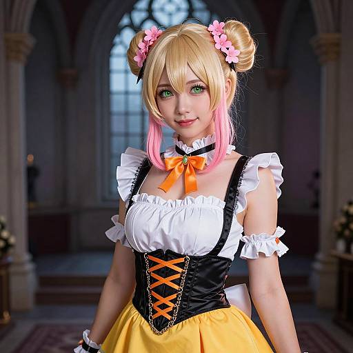 CGI anime-style girl with blonde-pink hair in twin buns, wearing a white frilled corset, black bustier, orange ribbon,
