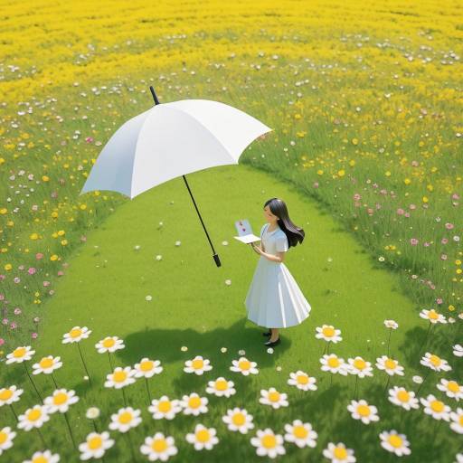 Figure in Flower Field with Umbrella and Love Card