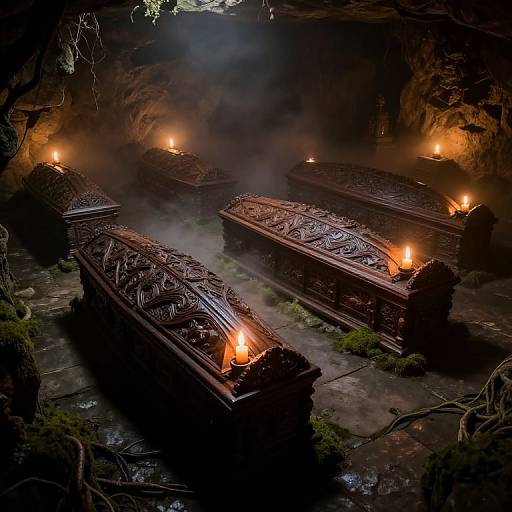 Photograph of three intricately carved, dark wooden coffins with burning torches, set in a dimly lit, misty, cave-like environment