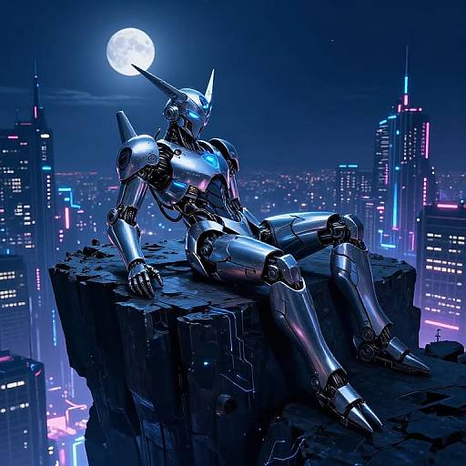 Cybernetic robot with horned helmet sits on cliff, glowing neon cityscape at night, full moon behind. Digital art, sci-fi style