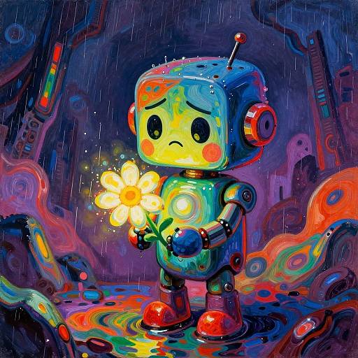 Sad Tiny Robot in Fauvist Apocalypse
