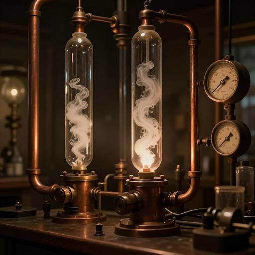 Photograph of two glowing, smoke-filled glass tubes on a copper-pipe industrial setup with brass gauges in a dimly lit background.