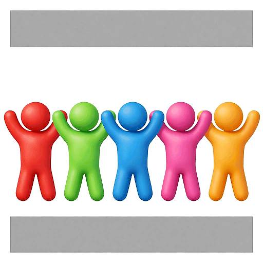 Colorful 3D stick figures, each in red, green, blue, pink, and orange, stand with arms raised, lined up horizontally on