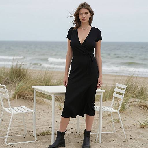 Photograph of a serious, brown-haired woman in a black, V-neck dress and black ankle boots, standing on a sandy beach with white chairs and