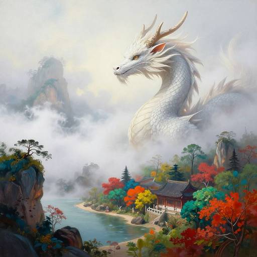 Digital painting of a majestic white dragon soaring above a vibrant, misty Asian landscape with colorful autumn foliage and traditional wooden buildings by a serene river.