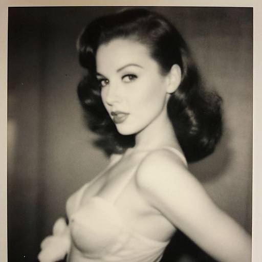 Black-and-white photograph of a glamorous 1940s-style woman with dark, wavy hair, looking over her shoulder, topless, highlighting her