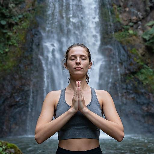 Woman Meditating by Waterfall Serenity