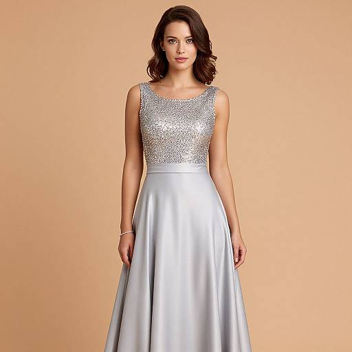 Photograph of a brunette woman with wavy hair, wearing a silver sequined sleeveless top and silver satin A-line skirt, against a peach background