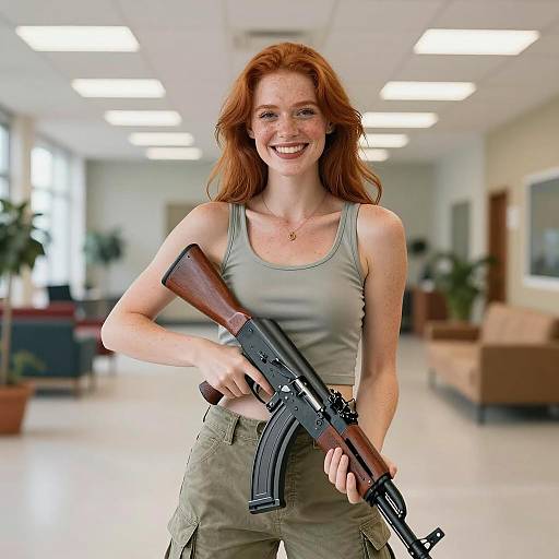 Cheerful Woman Holding AK-47 in Lobby