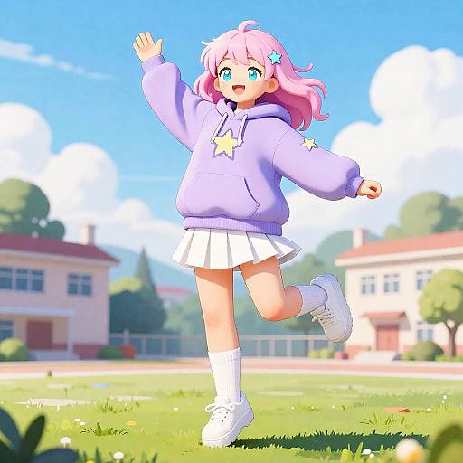 Happy girl in pastel outfit jumping outdoors