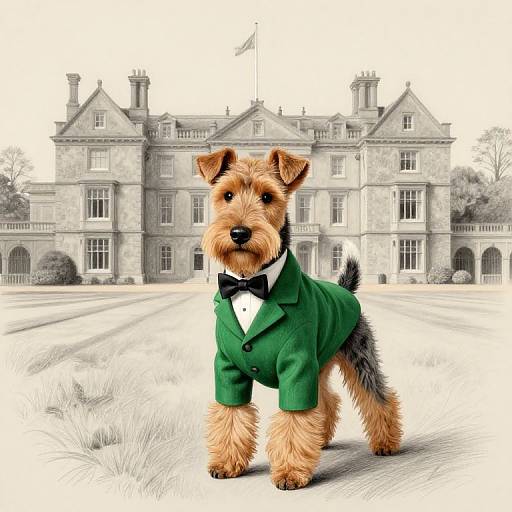 Photograph of a small, brown, wire-haired terrier dog wearing a green tuxedo jacket and black bow tie, standing in front of a