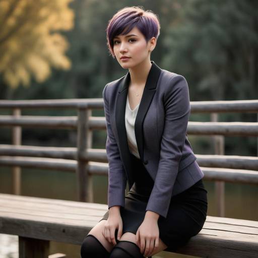 Young Woman in Purple Hair Sitting on Wooden Bridge