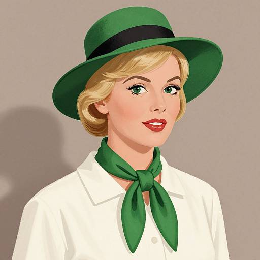 Digital illustration of a blonde woman with green hat and scarf, red lipstick, white shirt, and green neckerchief, smiling against a gray background.