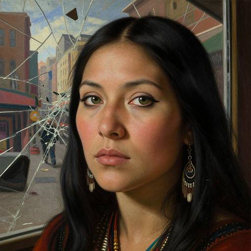 Photorealistic portrait of a young woman with long black hair, brown eyes, and earrings, standing by a shattered window in a bustling urban street.