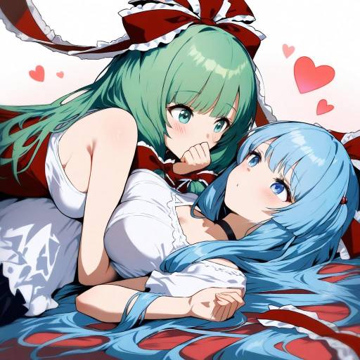 Anime Girls in Intimate Pose with Hearts