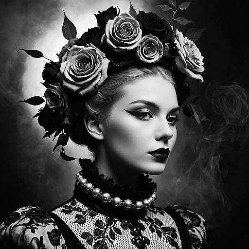 Surreal Black and White Portrait with Floral Crown