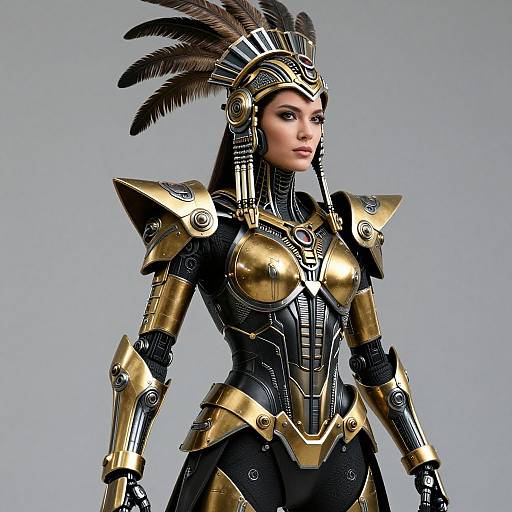 Digital art of a fierce, young woman with pale skin, wearing intricate black and gold armored suit with feathered headdress, standing against a plain gray