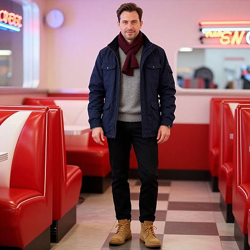 Photograph of a man in a navy jacket, gray sweater, maroon scarf, black pants, and tan boots standing in a retro red and white