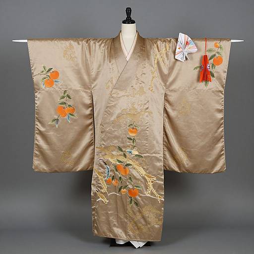 Photograph of a gold satin kimono with vibrant orange and green floral embroidery, and a red tassel attached, displayed on a black mannequin