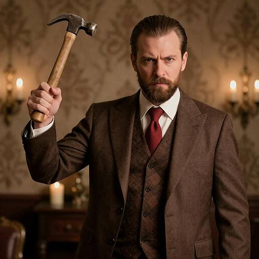 Man in Brown Suit Holding Hammer