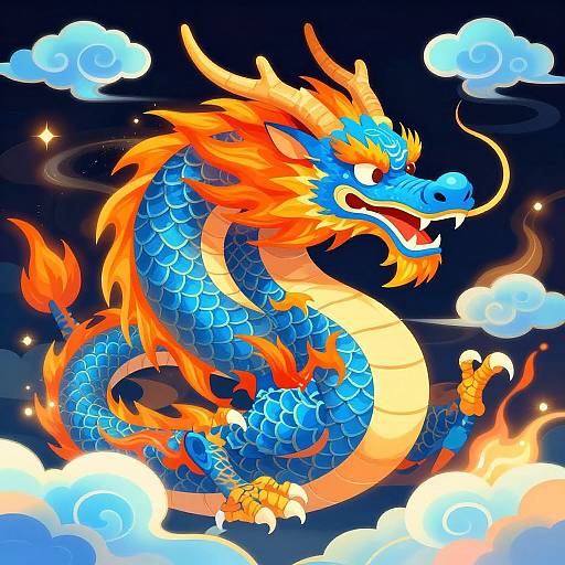 Vibrant digital illustration of a blue, orange, and yellow dragon with fiery mane, scales, and claws, flying amidst glowing clouds against a dark
