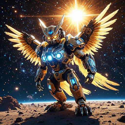Luminescent Mechowl with Golden Wings in Space