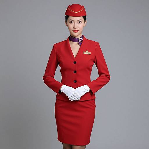 Photograph of an Asian woman in a red flight attendant uniform with white gloves, red hat, purple collar, and grey background.