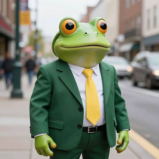 Green Frog in Suit on Street