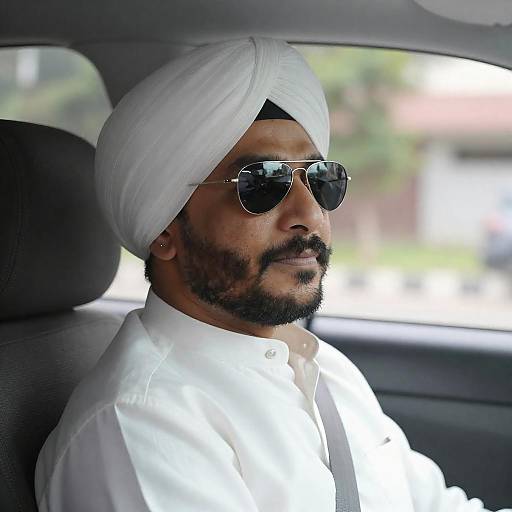 Middle-aged man in turban and sunglasses driving car