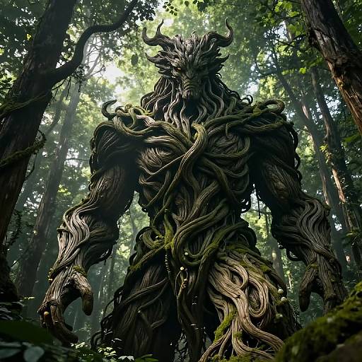 Digital artwork of a towering, twisted, horned forest creature with dark, gnarled wood-like texture, standing in a sun-dappled,