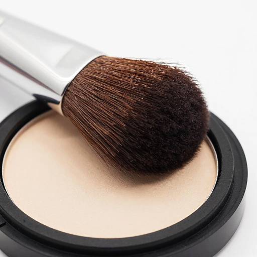 Close-up photograph of a black eyeshadow compact with a fluffy, dark brown brush applying creamy, beige eyeshadow.