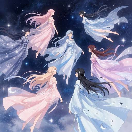 Digital anime artwork of seven ethereal, star-studded girls in flowing, pastel-colored gowns floating in a cosmic night sky.