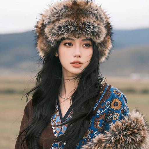Woman with Long Black Hair and Fur Hat