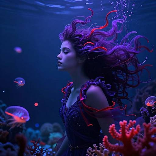 Photorealistic underwater photograph of a serene, purple-haired woman with flowing hair, wearing a black lace dress, surrounded by colorful fish and coral, illuminated