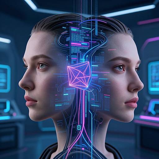 Digital CGI of a woman with fair skin, blue eyes, and sleek brown hair, shown in profile, with neon blue and pink circuitry and a