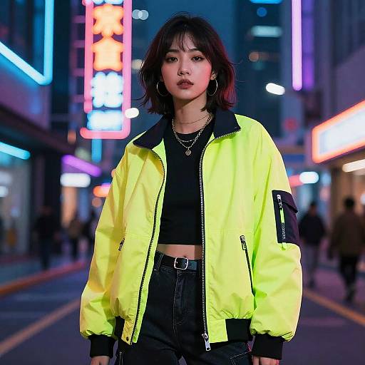 Young Woman in Neon Jacket on City Street at Night