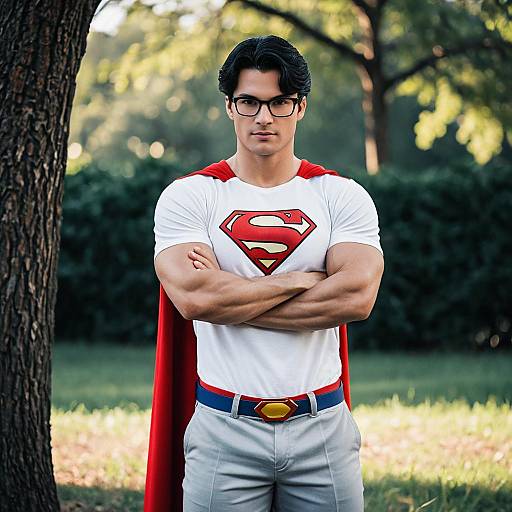 Man in Superman Cosplay with Red Cape Outdoors