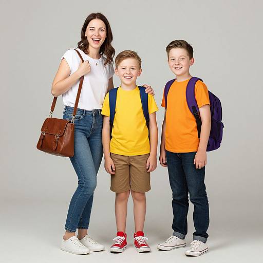 Photograph of a smiling woman with brown hair, white shirt, blue jeans, brown bag, standing with two boys, one in yellow shirt, brown