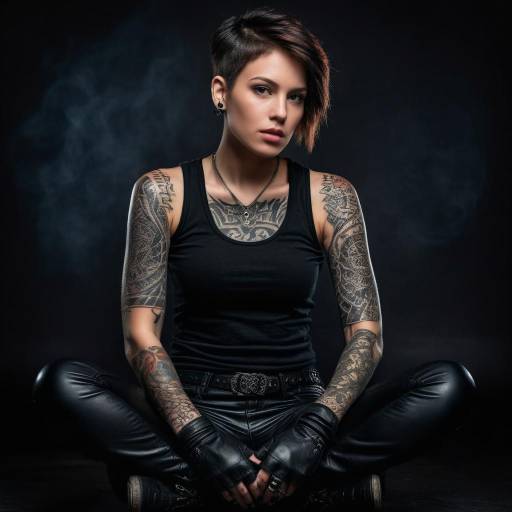 Tattooed woman with edgy style sitting cross-legged